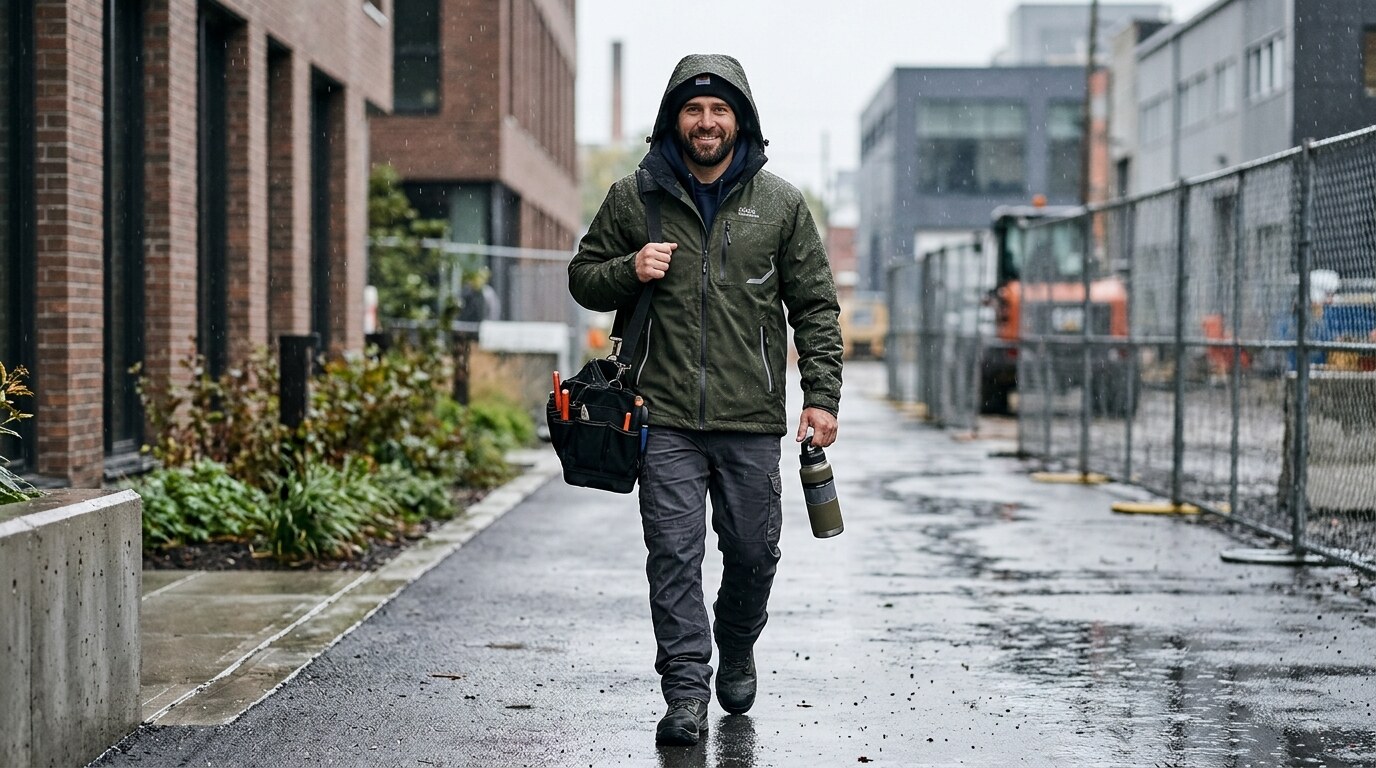 Handwerker in leichter atmungsaktiver Regenjacke unterwegs bei Regen