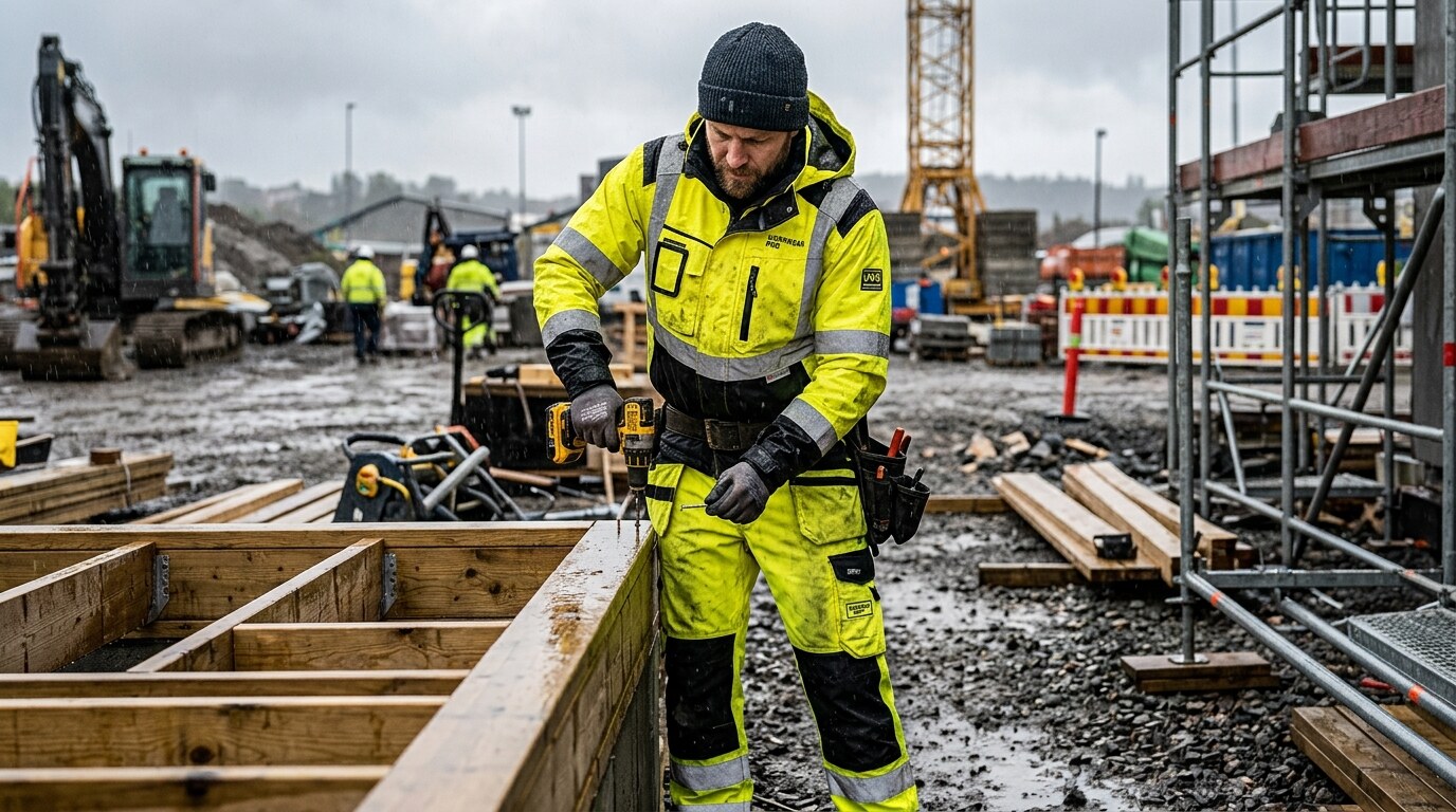 Handwerker in gelber Warnschutz-Regenjacke und Regenhose bei Regen auf der Baustelle