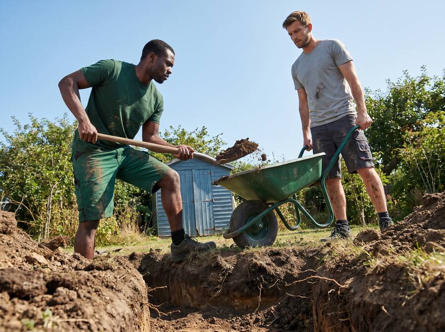 Zwei Männer bei der Gartenarbeit mit Schubkarre