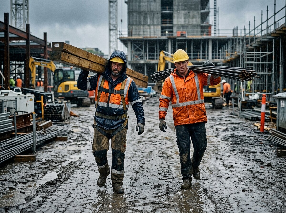 Zwei Bauarbeiter in robuster Regenkleidung auf nasser Baustelle