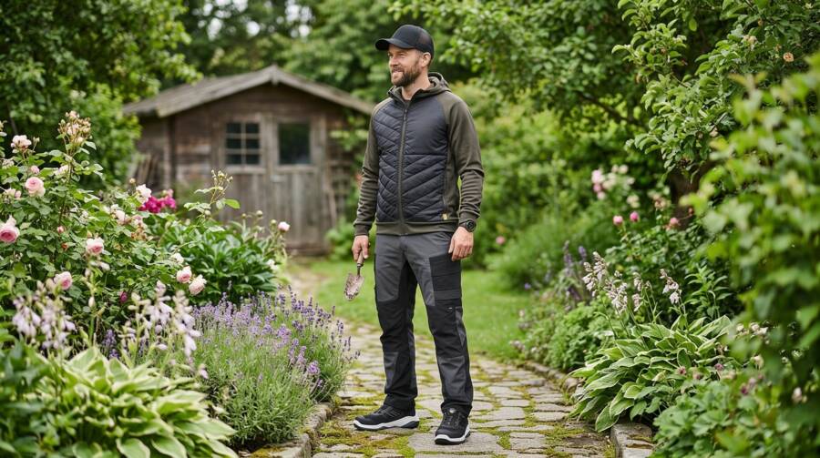 Mann geht mit einer Handschaufel durch einen blühenden Garten an einem Gartenhaus vorbei