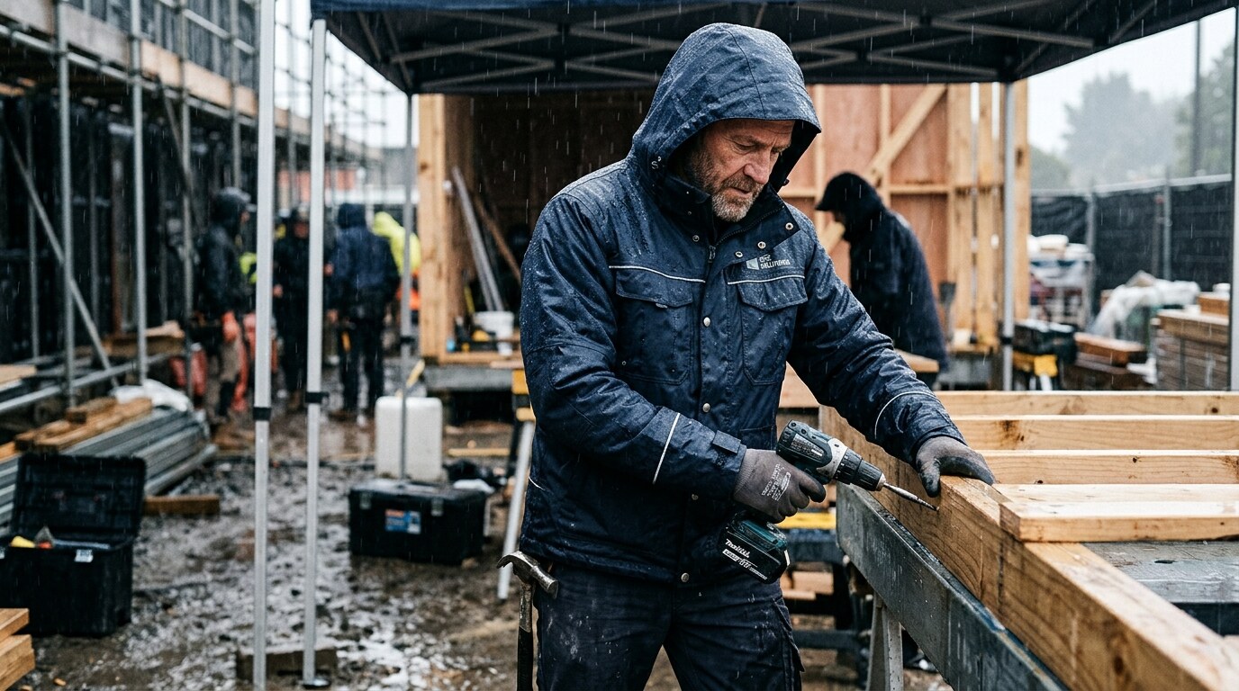 Handwerker in dunkler wasserdichter Arbeitsjacke im Regen