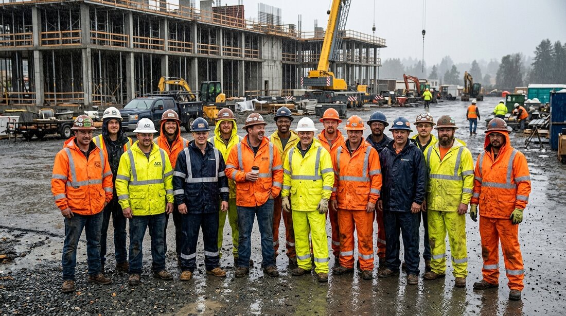 Arbeiterteam in Warnschutz-Regenkleidung versammelt auf der Baustelle